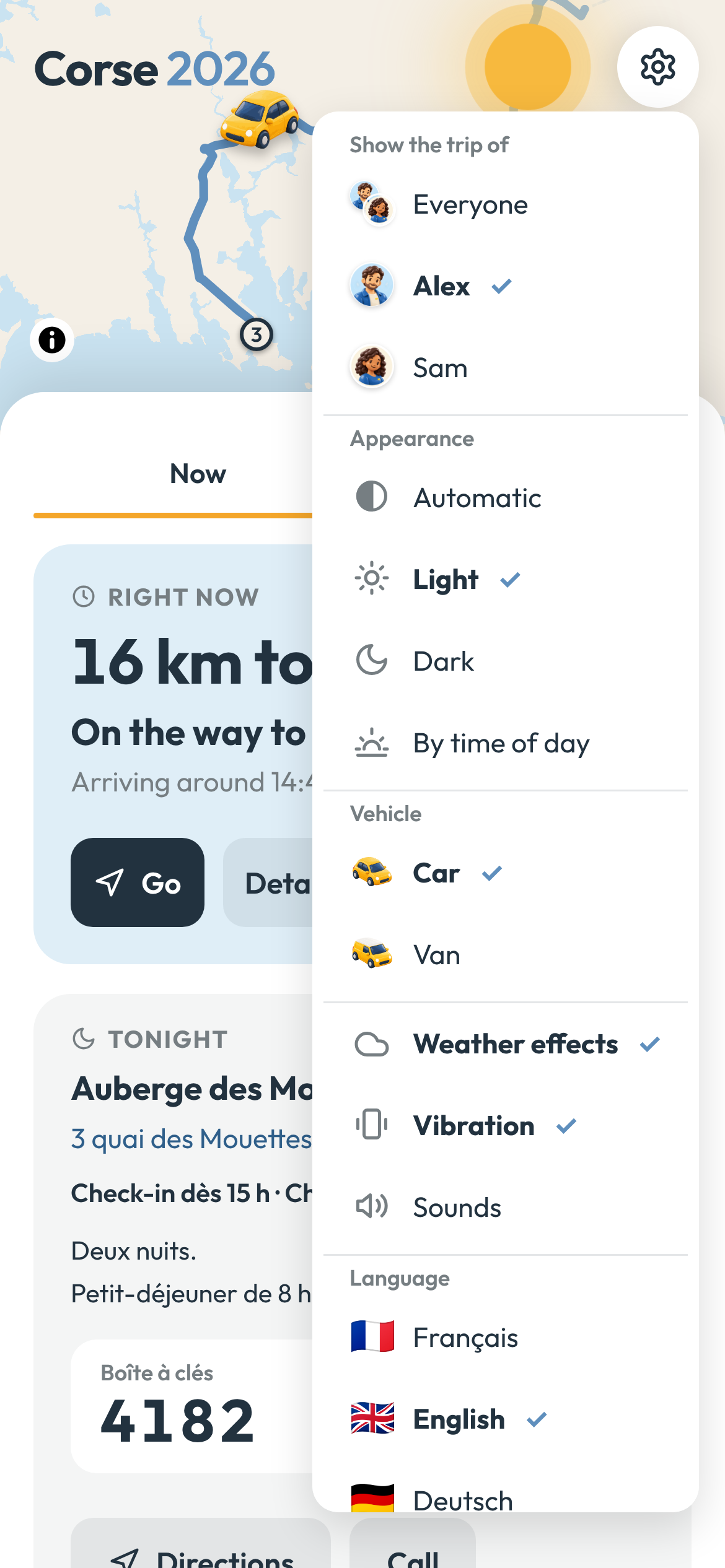 Settings: whose trip to show, appearance, car or van, weather effects, vibration, sound and language