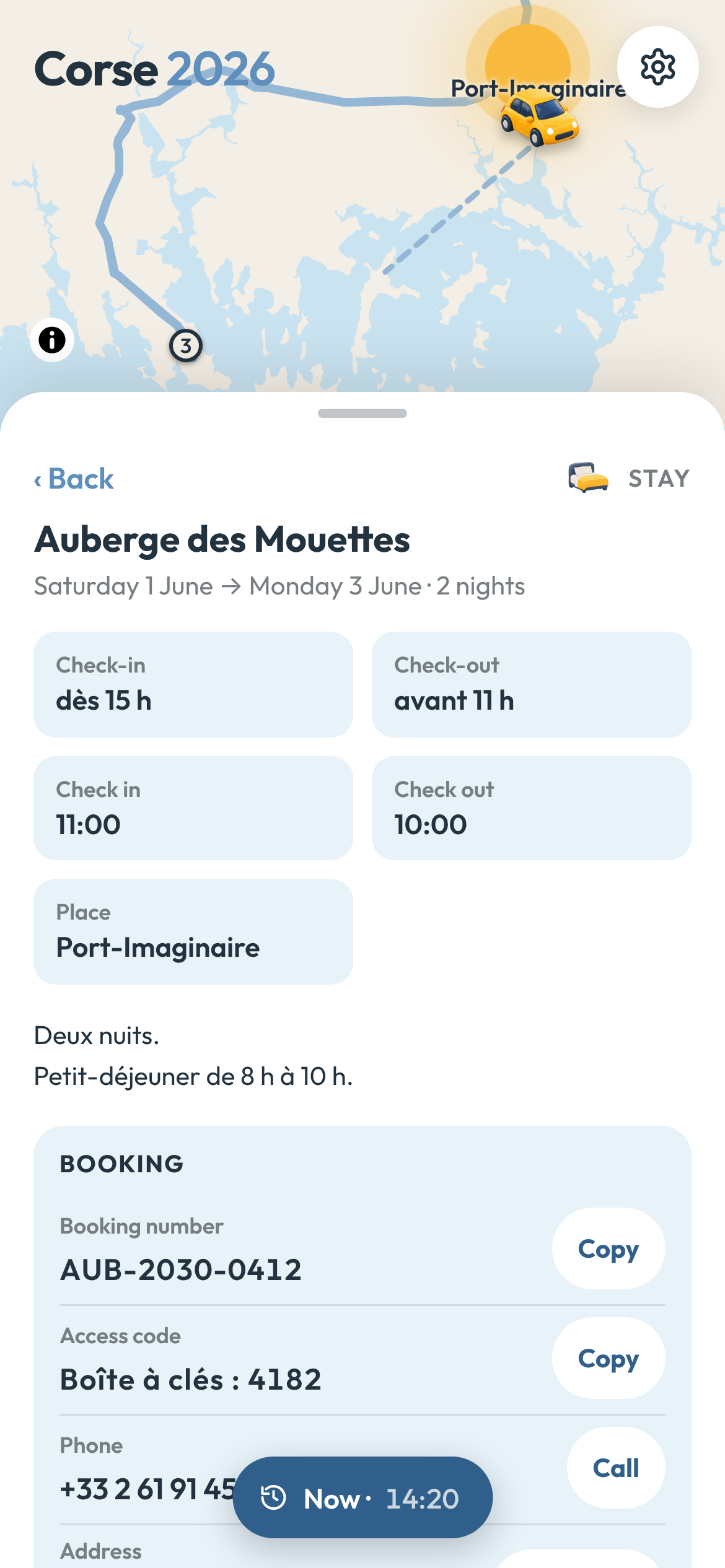 A hotel stay opened, with its booking card
