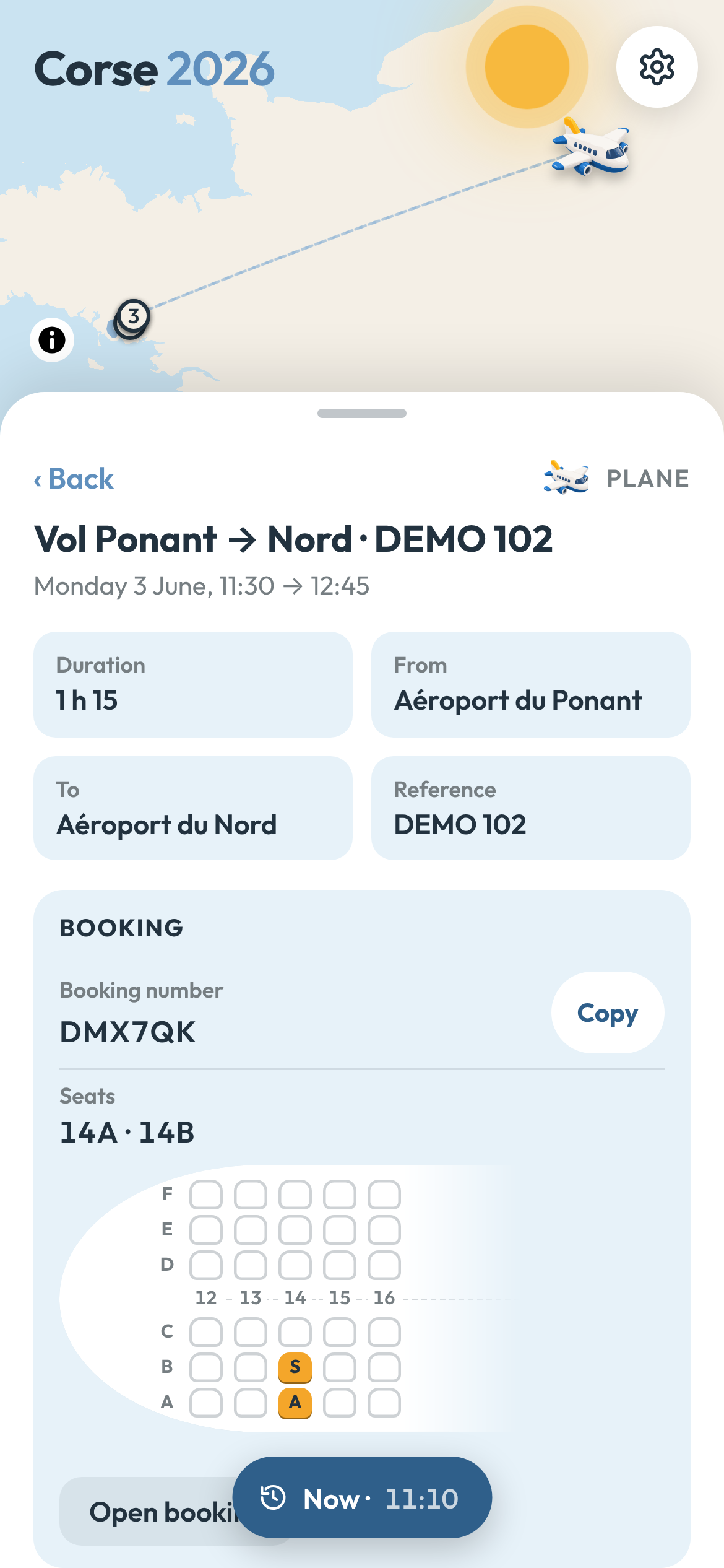 A flight's booking card, with the seats marked in their row