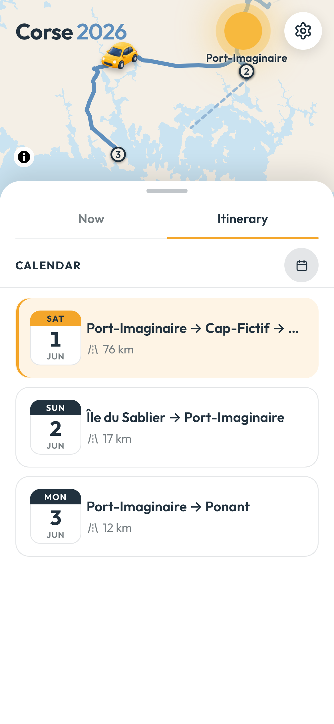 The calendar: one card per day, with its towns and kilometres