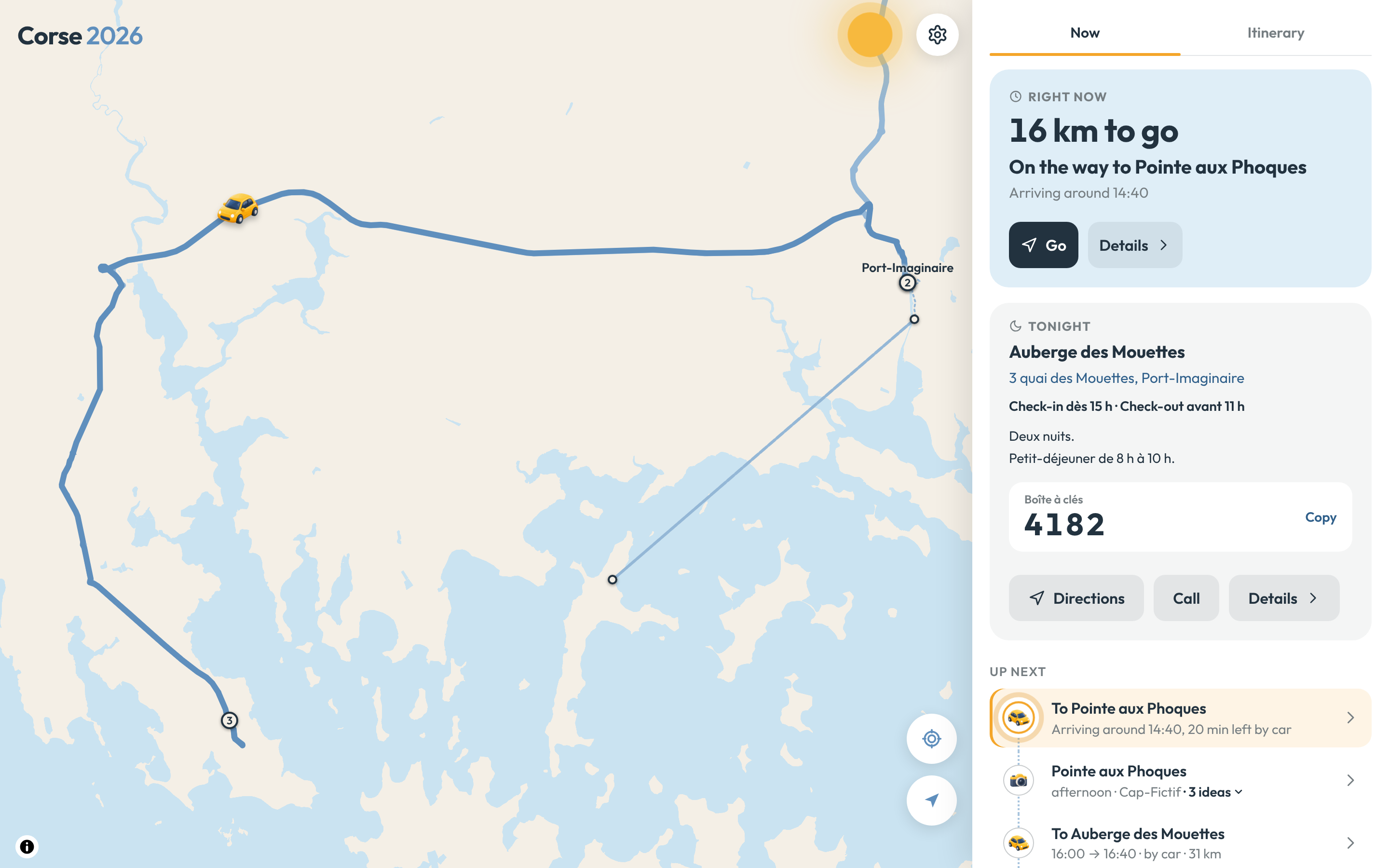 On a larger screen, the trip becomes a sidebar beside the map