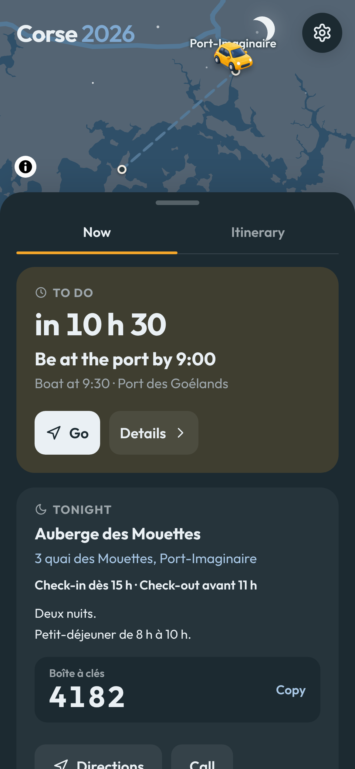 At night the map goes dark, and Now points at tomorrow's first deadline