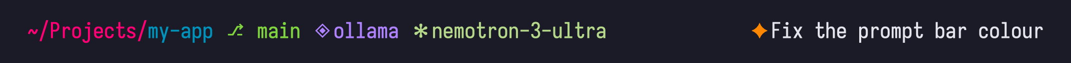 The opencode statusline: path, branch, provider and model on the left, the session title on the right