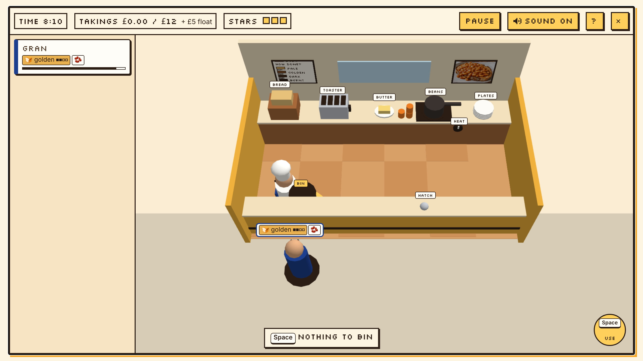 Short Order as it stands today: the van's kitchen, with Gran waiting at the hatch for golden toast and beans