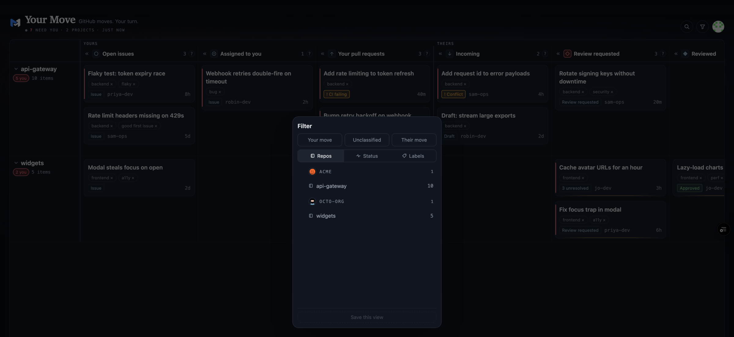 Filters: whose move, repository, status and label.