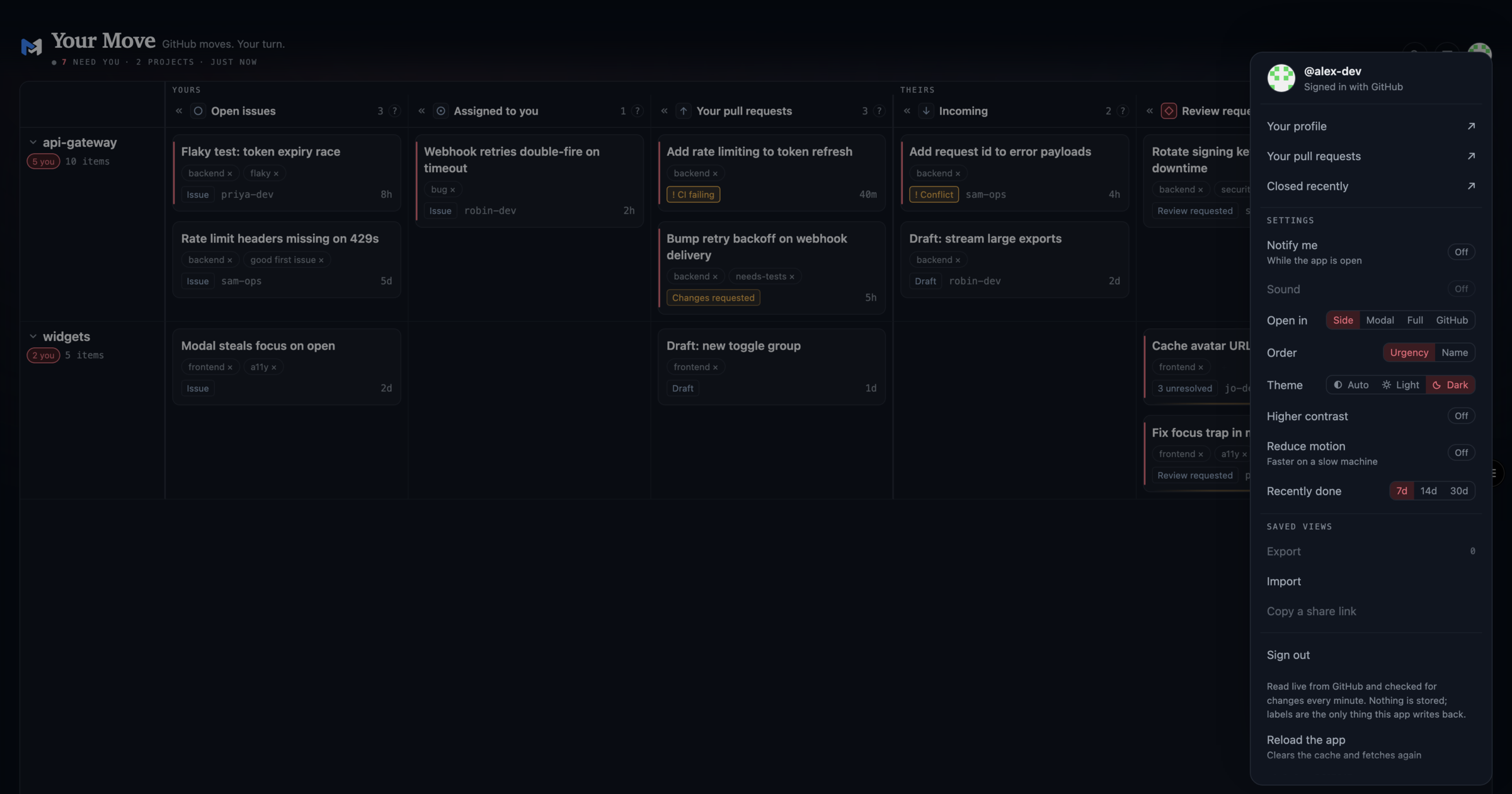 Settings: notifications, where rows open, order, theme, motion, and saved views you can export or share.